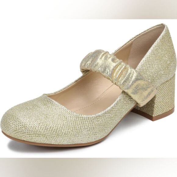 WSKEISP Gold Glitter Round Toe Mary Jane Chunky Low Heels Size 9 NWOT - Picture 1 of 6